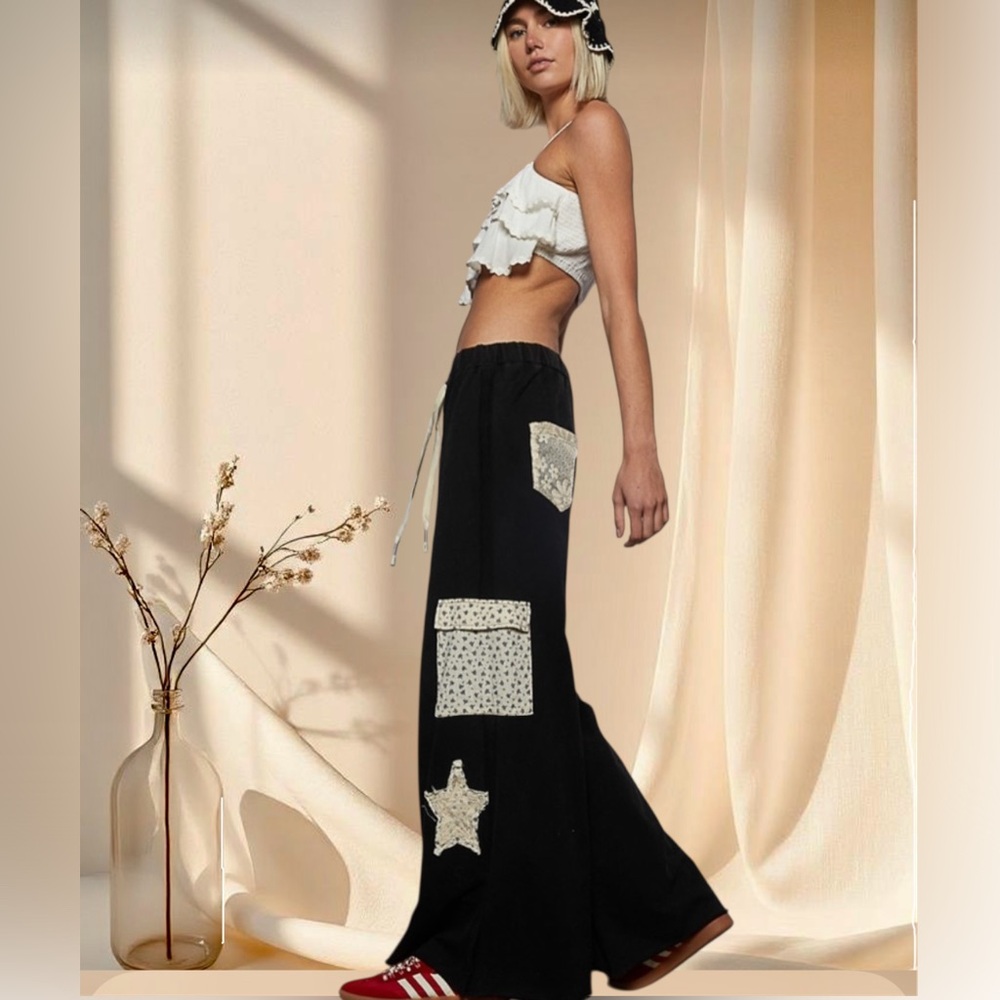 POL POL Black Star Patch Pants | Bohemian Vintage Washed French Terry - Picture 7 of 11